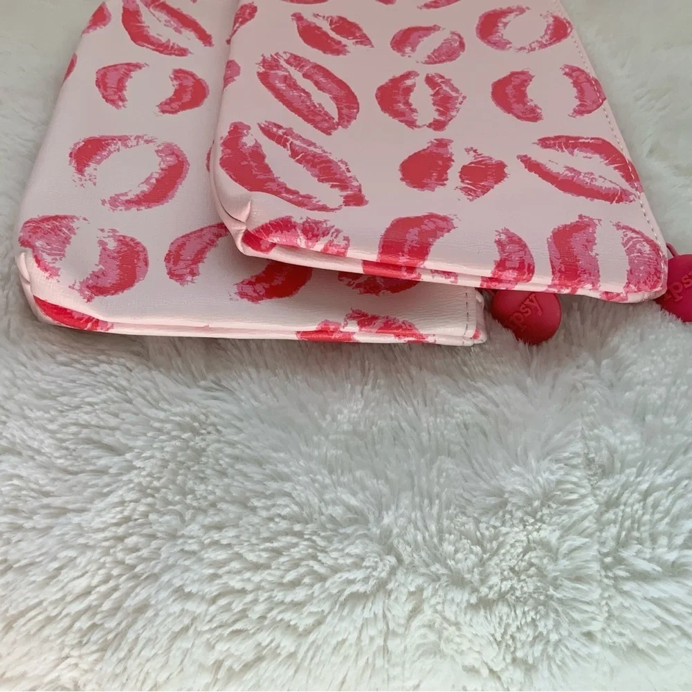 Ipsy Bags Red Lip Kisses Print Set of 2 Multipurpose Cosmetic Bags Bundle of 2